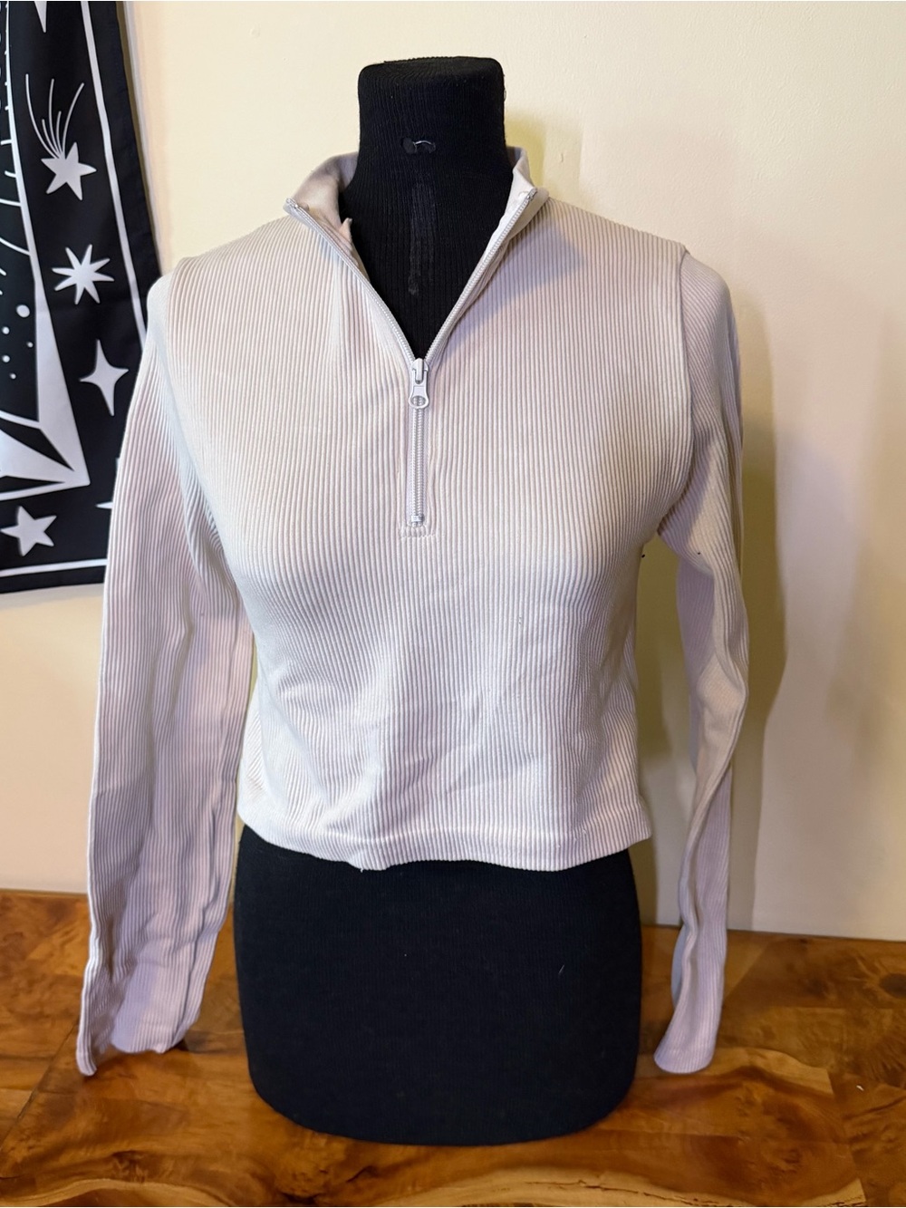 Forever 21 L Solid White Women’s Crop Top Long Sleeve Collar Half Zip Ribbed